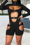 Black Sexy Solid Hollowed Out Turndown Collar Skinny Rompers