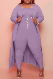 Purple Fashion Casual Print Cardigan Plus Size Two Pieces
