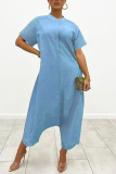 Baby Blue Casual Solid Patchwork Buckle O Neck Loose Jumpsuits