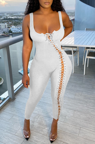 White Sexy Solid Patchwork Square Collar Skinny Jumpsuits