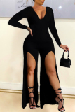 Black Casual Solid Slit V Neck Regular Jumpsuits