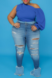 Blue Sexy Solid Patchwork One Shoulder Plus Size Tops
