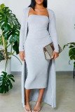 Grey Casual Solid Patchwork Strapless Long Sleeve Two Pieces