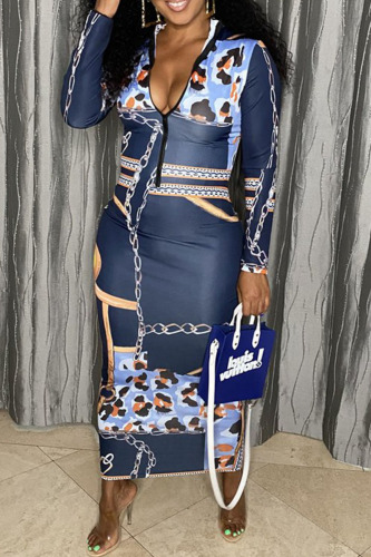 Deep Blue Sexy Print Patchwork Zipper Collar One Step Skirt Dresses