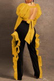 Yellow Sexy Solid Patchwork Flounce Fold Square Collar Long Sleeve Two Pieces