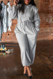Grey Casual Solid Patchwork Draw String Zipper Collar Loose Jumpsuits