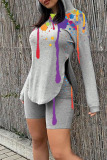 Grey Casual Print Split Joint Asymmetrical Hooded Collar Long Sleeve Two Pieces