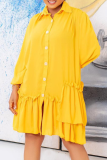 Yellow Casual Solid Flounce Turndown Collar Cake Skirt Dresses