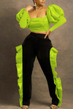 Fluorescent Green Sexy Solid Patchwork Flounce Fold Square Collar Long Sleeve Two Pieces