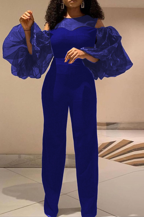 Blue Sexy Solid Mesh Regular Jumpsuits
