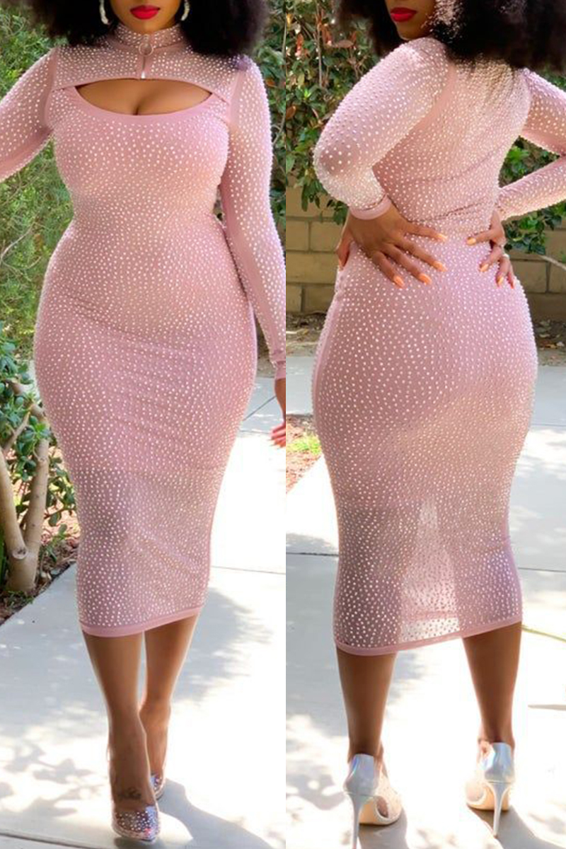 

Pink Fashion Sexy Hot Drilling Hollowed Out Backless Turtleneck Long Sleeve Dresses