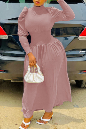 Pink Fashion Casual Solid Patchwork Turtleneck Waist Skirt Dresses