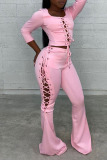 Pink Fashion Street Solid Bandage O Neck Three Quarter Two Pieces