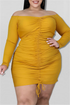 Gold Sexy Casual Print Backless Off the Shoulder Long Sleeve Plus Size Dresses
