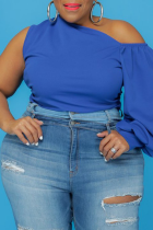 Blue Sexy Solid Split Joint One Shoulder Plus Size Tops
