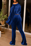 Blue Casual Solid Patchwork One Shoulder Long Sleeve Two Pieces