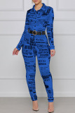 Blue Fashion Street Print Patchwork Turndown Collar Jumpsuits