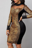 Gold Sexy Solid Patchwork O Neck One Step Skirt Dresses