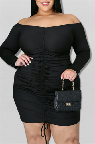Black Sexy Casual Print Backless Off the Shoulder Long Sleeve Plus Size Dresses