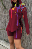 Burgundy Casual Print Split Joint Asymmetrical Hooded Collar Long Sleeve Two Pieces