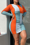 Orange Sexy Solid Split Joint O Neck Pencil Skirt Dresses