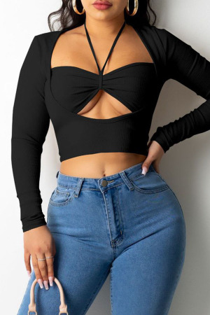Black Sexy Solid Hollowed Out Patchwork Frenulum Asymmetrical Square Collar Tops