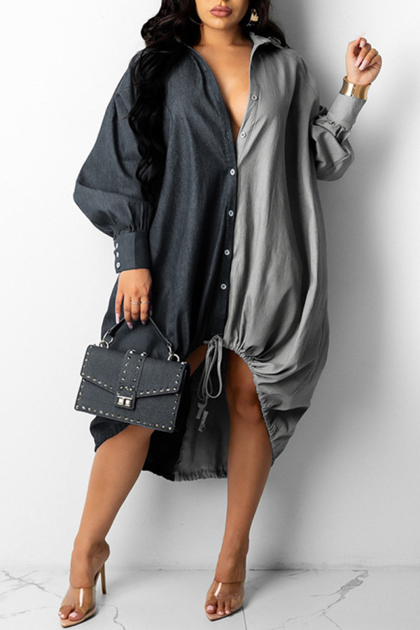 Grey Fashion Casual Patchwork Basic Turndown Collar Long Sleeve Dresses