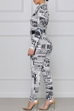 White Fashion Street Print Patchwork Turndown Collar Jumpsuits