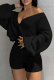 Black Fashion Casual Solid Cardigan V Neck Long Sleeve Two Pieces