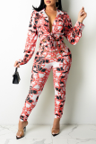 Pink Sexy Print Patchwork Turndown Collar Long Sleeve Two Pieces