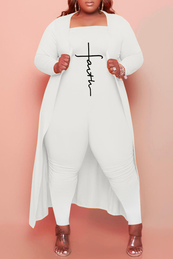 White Fashion Casual Print Cardigan Plus Size Two Pieces