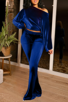 Blue Casual Solid Split Joint One Shoulder Long Sleeve Two Pieces