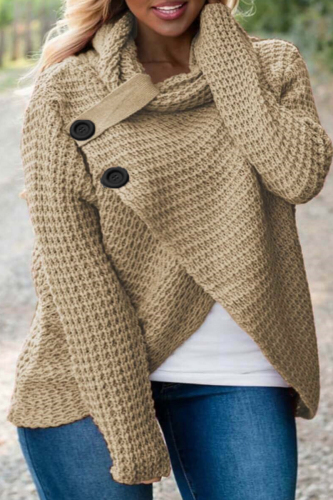 Khaki Fashion Casual Solid Patchwork Turtleneck Tops