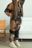 Black Brown Fashion Casual Letter Print Tie-dye Hooded Collar Long Sleeve Two Pieces