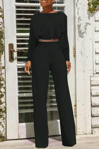 Black Casual Solid Flounce O Neck Long Sleeve Two Pieces
