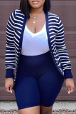 Deep Blue Fashion Casual Striped Patchwork V Neck Long Sleeve Two Pieces