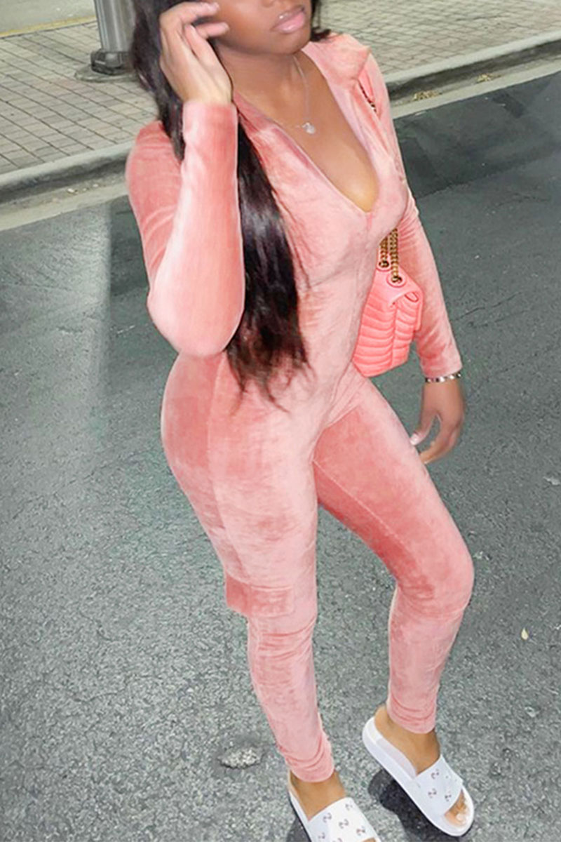 

Pink Sexy Solid Split Joint Zipper Collar Regular Jumpsuits