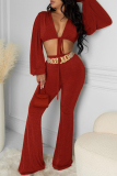 Red Fashion Casual Solid Bandage V Neck Long Sleeve Two Pieces (Without Belt )