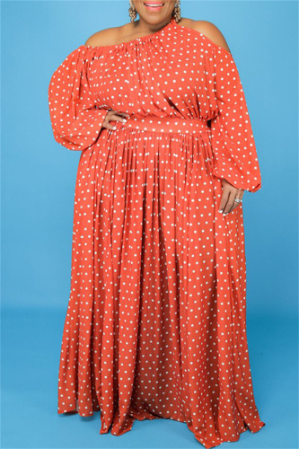 Red Fashion Casual Print Hollowed Out Oblique Collar Long Sleeve Plus Size Dresses