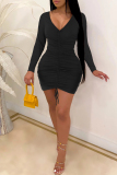 Black Sexy Casual Solid Fold V Neck Long Sleeve Dresses