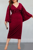 Wine Red Sexy V-Neck Plus Size Flared Sleeve Beaded Dress
