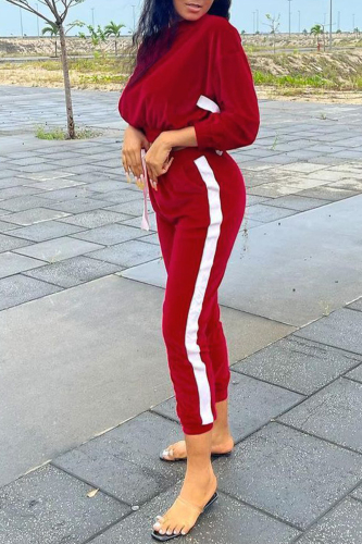 Red Fashion Casual Solid Patchwork O Neck Long Sleeve Two Pieces