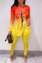 Yellow Casual Gradual Change Print Patchwork Slit O Neck Long Sleeve Two Pieces