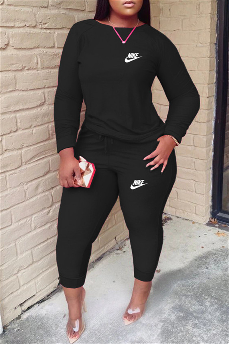 

Black Fashion Casual Print Basic O Neck Long Sleeve Two Pieces