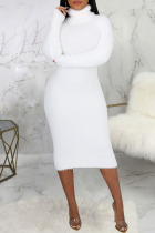 White Casual Solid Split Joint Turtleneck One Step Skirt Dresses