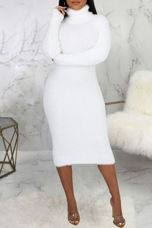 White Casual Solid Patchwork Turtleneck One Step Skirt Dresses