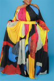 Multicolor Fashion Casual Print Hollowed Out Oblique Collar Long Sleeve Plus Size Dresses