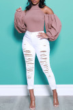 White Fashion Street Solid Ripped High Waist Denim Jeans