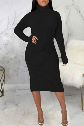 Black Casual Solid Patchwork Turtleneck One Step Skirt Dresses