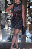 Khaki Fashion Sexy Print Leopard Bandage Hollowed Out O Neck Sleeveless Dress